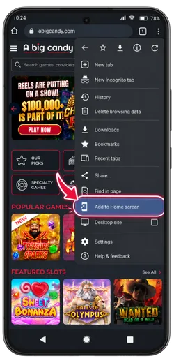 Add to Home screen option highlighted.