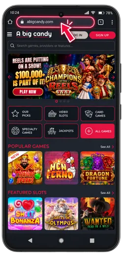 A Big Candy website open on Android.