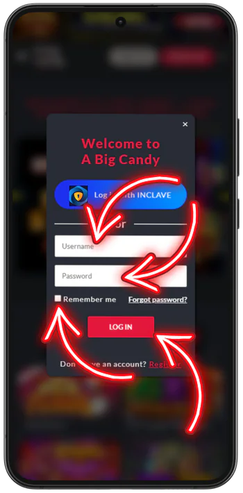 A Big Candy Casino Our short sign-in card with a bright submit control