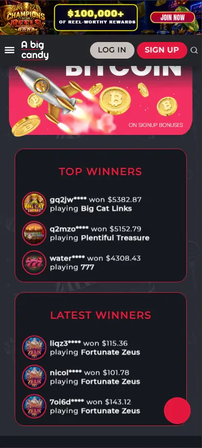 A Big Candy Casino posts recent payouts, biggest names up top