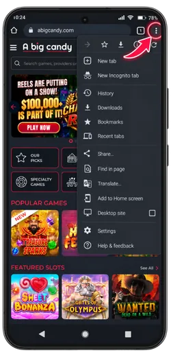 Chrome menu open on the casino page.