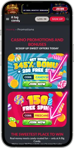 Big Candy Casino activation of bonus codes
