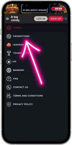 Big Candy Casino bonuses section in the menu